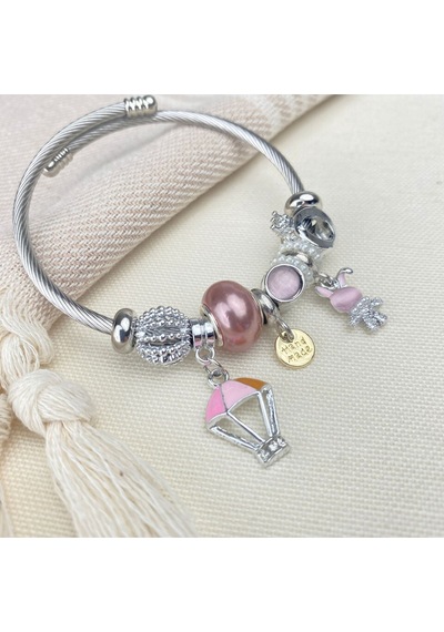 Charm Bileklik Tavşan Uçan Balon Figürlü Çelik Bileklik Gümüş Pembe Gümüş