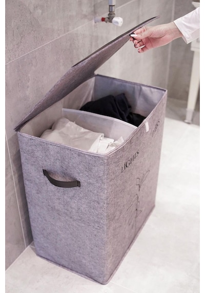 Meleni Home Keçe Deri 2 Bölmeli Çamaşır Kirli Sepeti Çok Amaçlı Katlanır Oyuncak Saklama Hurcu Gri 53x33x60 Cm Diğer