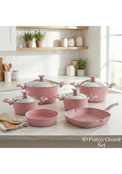 10 Parça Granit Set Çelik Kapak - Pembe Pembe