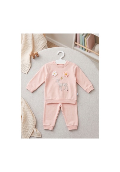 Deniva Kids Kız Bebek Pudra Pembe Geyik İşlemeli 3 Boyutlu Çiçek Detaylı Pamuklu 2'li Takım