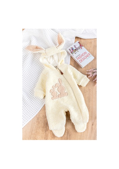 Babymod Tavşan İşlemeli Kapüşonlu Welsoft Peluş Kışlık Kız Bebek Tulum Krem