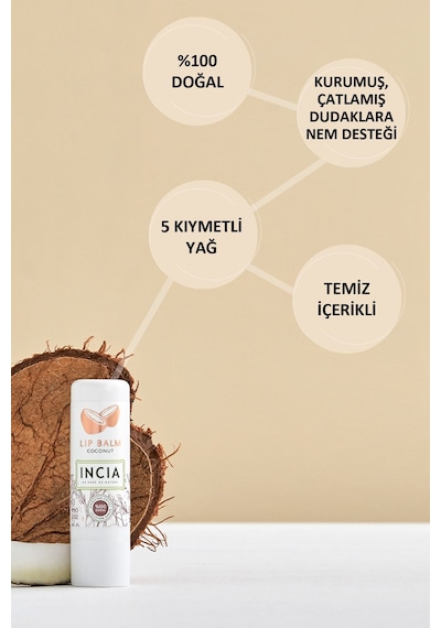 INCIA %100 Doğal Dudak Besleyici Hindistan Cevizi Bitkisel Nemlendirici Dudak Bakım Kremi 6 G