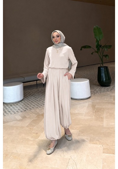 Riella Butik Hera Oysho Kumaş Oversize Günlük Tesettür Takım Krem