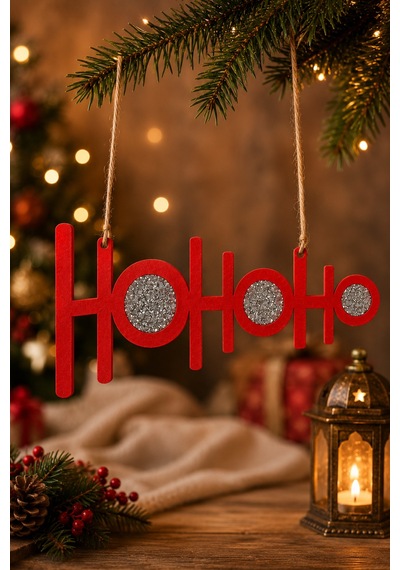 Ho Ho Ho Yılbaşı Süsü Kırmızı Keçe, Gümüş Taşlı, Asma İpli Kırmızı