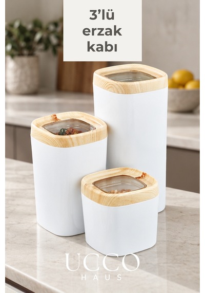 3'lü Lüx Vakum Kapaklı Silikon Contalı Erzak Saklama Kabı Bakliyatlık Baharatlık Mutfak Organizer Krem