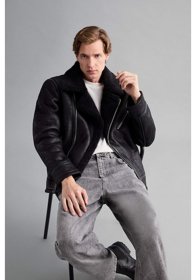 Defacto Slim Fit Dar Kesim Suni Kürk Astarlı Fermuarlı Cepli Süet Deri Kışlık Ceket Mont C5636ax25wnbk27 Siyah-bk27