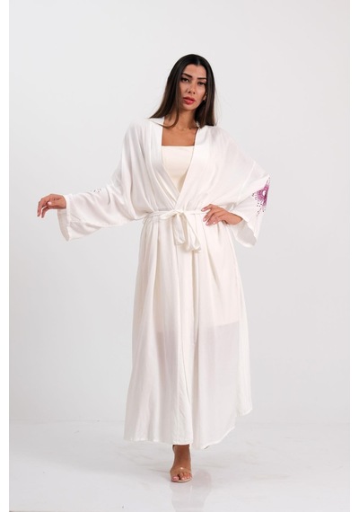 Keyifli Moda Kadın Beyaz Sırtı Ve Kolları Nakışlı Püsküllü Uzun Kimono - Beyaz