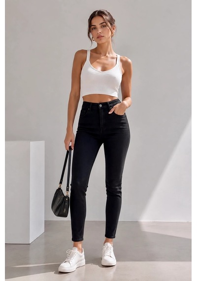Bb Butik Basic Yüksek Bel Full Likra Dar Paça Skinny Jean Pantolon Dn0989 siyah