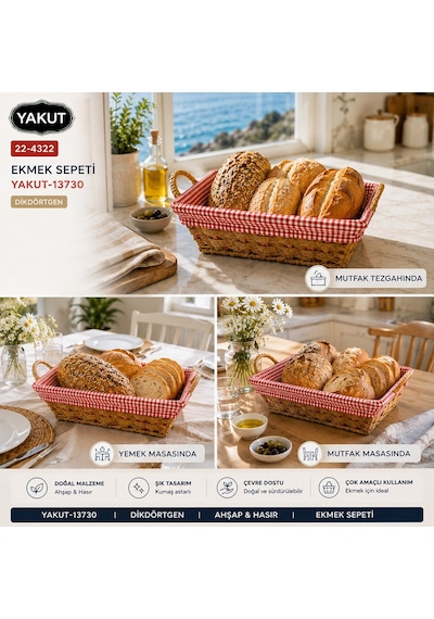 Yakut Dikdörtgen Ahşap Hasır Ekmek Sepeti Çok Amaçlı Kullanım