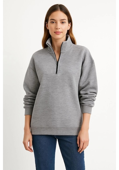 Primemagazam Kadın 3 İplik Pamuklu Dık Yaka Yarım Fermuarlı Sweatshirt - Gri Çeşitli
