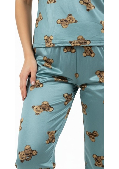 Altı Uzun Üstü Askılı Yumuşak Ayıcık Desenli Pijama Takımı Turkuaz