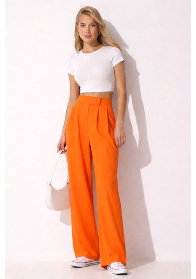 Trend Alisse Kadın Beli Cırt Cırtlı Pileli Bol Paça Palazzo Pantolon Wide Leg Turuncu