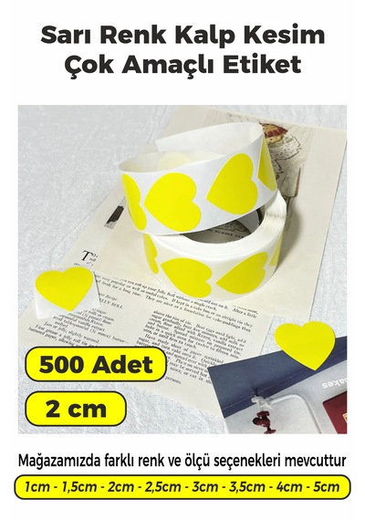 Sarı Renk Kalp Kesim Sticker Etiket 2cm - 500 Adet Sarı