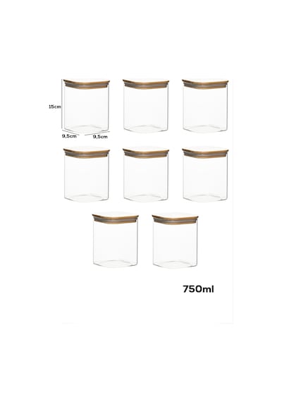 Porsima 5-4 Bambu Vakumlu Kapaklı Kare Borsilikat Cam 8li Kavanoz Seti Saklama Kabı 750ml 7,5x15cm