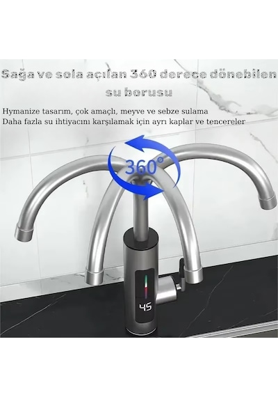 Elektrikli Anında Su Isıtıcı Musluk 3000 W Led Dijital Göstergeli Paslanmaz Çelik Musluk Gri