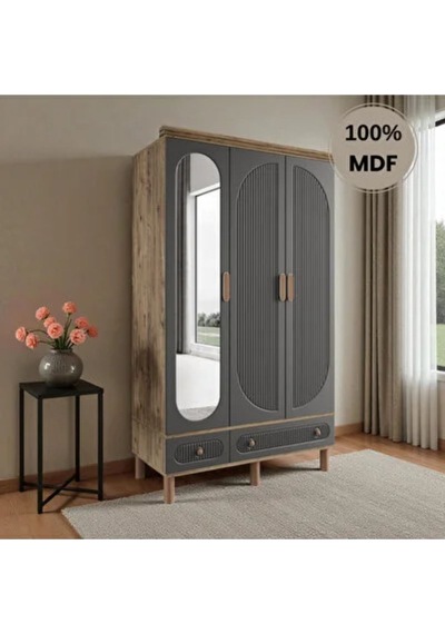 Comiet Sally 3 Kapaklı Aynalı Çekmeceli Mdf Gardırop Antrasit