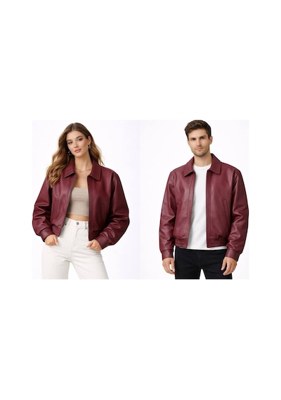 Unisex Oversize Deri Ceket - Çift Kombinleri Bordo Deri