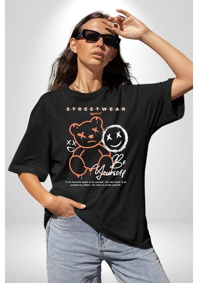Yükseliş İçin Kendin Ol Pamuklu Bisiklet Yaka Unisex Oversize Boyfriend Dijital Baskılı Siyah T-shirt Siyah
