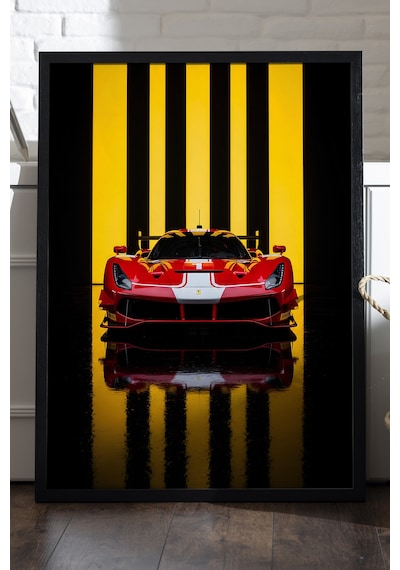Ferrari 488 Gt3 Siyah Ahşap Çerçeveli Poster, Dekoratif Araba Duvar Tablosu