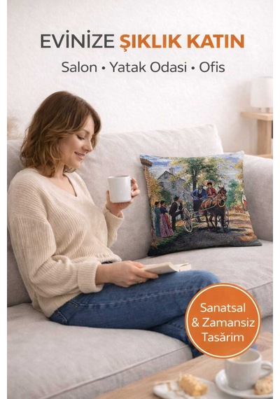 Goblen At Arabası Kırlent Kılıf Renkli