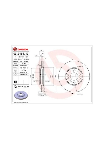 Brembo 09916510 Ön Fren Aynası Vectra C 02 Signum 03 Saab 9.3 02 Croma 05 285x25x5dl Havalı 46844071 51819733 68004911aa