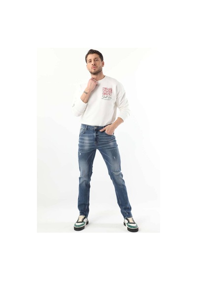 Erkek Dizi Yırtık Boyalı Jean Pantolon Mavi 001