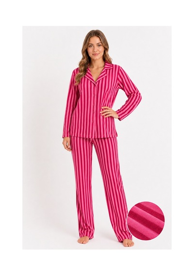 Sleeproom Kadın Süet Mevsimlik Uzun Kol Pembe Pembe Çizgi Desen Pijama Takımı