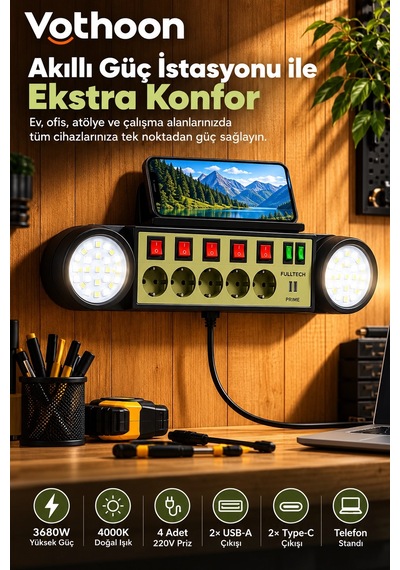 Akıllı Masaüstü Duvar Tipi Akım Korumalı 5 Li Priz 3680w Led Işıklı Usb-a Type-c Telefon Standlı Diğer