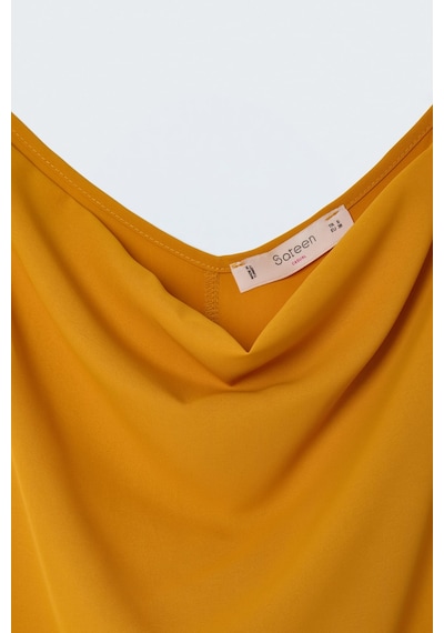 Sateen Askılı Degaje Yaka Bluz - Safran-137670