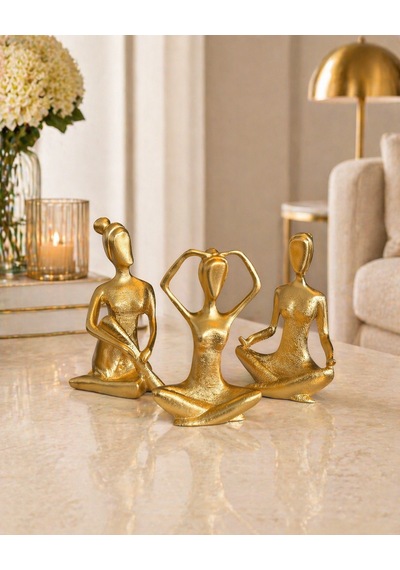 Dekoratif Yoga Figürü 3 Lü Set Gold Meditasyon Biblo, Modern Lüks Ev Dekoru Altın