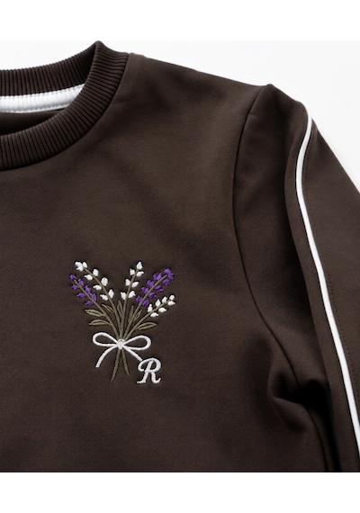 Rony Pony Kids Kız Çocuk Kahverengi Çiçek Nakışlı Omuz Biyeli Sweatshirt Ve Palazzo Eşofman Takımı