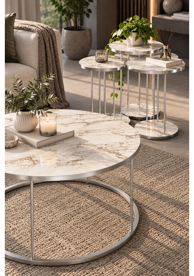 Sulorahome Gümüş Metal Ayaklı Mermer Desenli 4'lü Sehpa Seti Beyaz Mermer - Gümüş