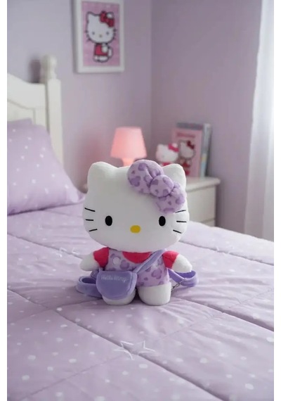 Miniso Mınıso Sanrio Lisanslı Hello Kitty Peluş Sırt Çantası Mor Leopar Desenli 30 Cm Pembe