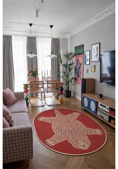 Leopar 03 Kırmızı Pembe Leopar İnce Vintage Görünüm Şönil Dokuma Oval Oturma Odası Ev Koridor Halısı