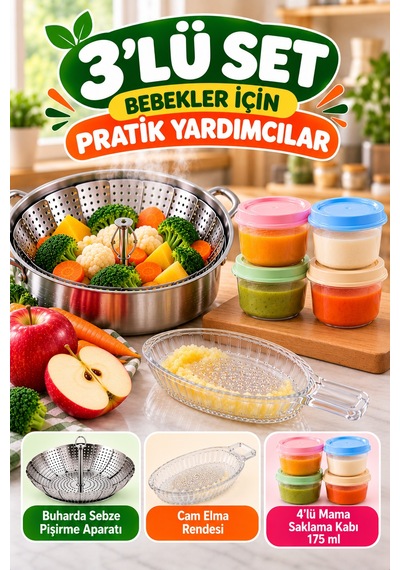 3'lü Bebek Ek Gıda Seti Buharda Sebze Pişirme Aparatı Cam Elma Rendesi 4'lü 175 Ml Mama Saklama Kabı
