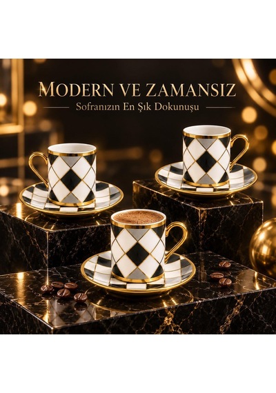 Valkyrie 6 Kişilik 12 Parça Türk Kahvesi Fincan Seti Gold Kulplu Siyah Beyaz Baklava Desen K654-c
