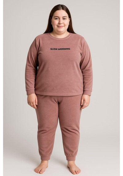 Pemilo Kadın 13212 Büyük Beden Kadife Pijama Takımı Pudra Pudra