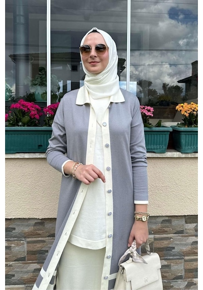 Rabia Şamlı İmge Çizgili Triko Hırka Gri Normal