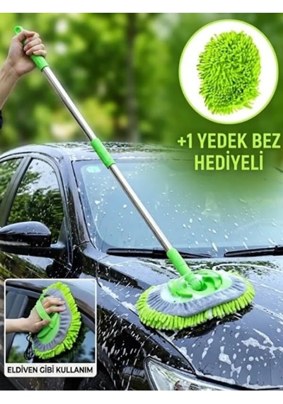 Mucit Home Araba Yıkama Fırçası Oto Yıkama Mop Mikrofiber Bezli Teleskopik Saplı 1 Yedek Bez Hediye
