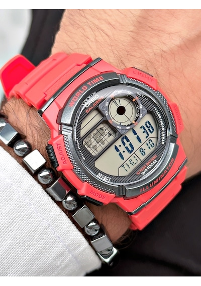 Casio Nda3185 Dünya Saati Takvimli Erkek Kol Saati Kırmızı + Bileklik