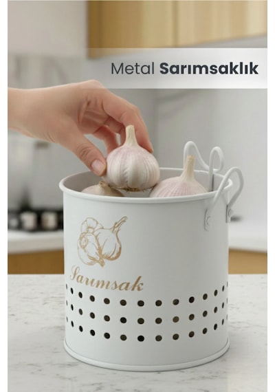 Metal Lüx Asılabilir Siyah Sarımsaklık Kovası Sarımsak Saklama Kabı Beyaz