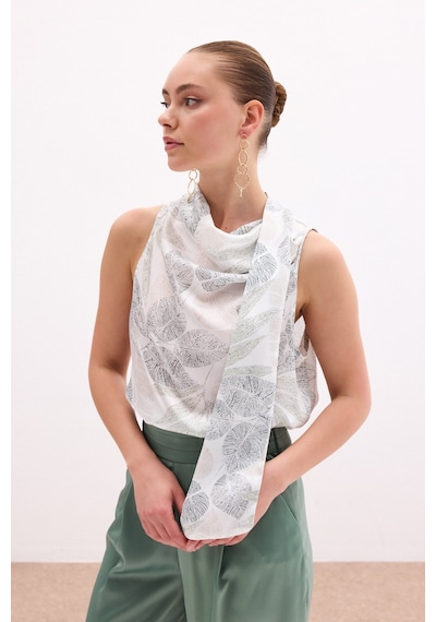 Sateen Fularlı Desenli Bluz - Haki-136079 Haki