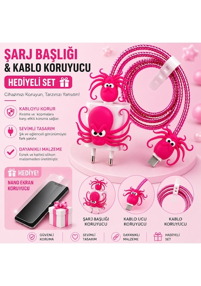 İphone 15 Plus Uyumlu Nano Ekran Koruyucu Hediyeli Şarj Başlığı & Kablo Koruyucu Koruma Seti Şeffaf