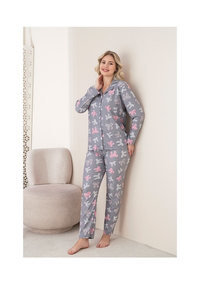Rindahomewear Kadın Fiyonk Desenli Süet Uzun Kol Kadın Düğmeli Pijama Takımı Gri