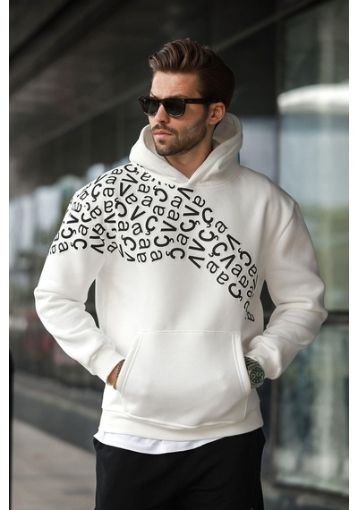 Madmext Ekru Baskılı Kapüşonlu Erkek Sweatshirt E7160 Ekru