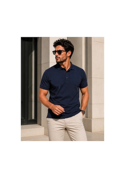 Luxıc Core Erkek Polo Yaka Lacivert Tişört Likralı Pike Kumaş Terletmez Slim Fit Günlük Şık Tasarım