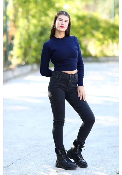 Giysa Kadın Lacivert Fitilli Crop Triko Kazak Kısa Model Akrilik Kumaş Ribanalı - 3122 Lacivert Giysa Kadın Lacivert Fitilli Crop Triko Kazak Kısa Model Akrilik Kumaş Ribanalı - 3122 Lacivert