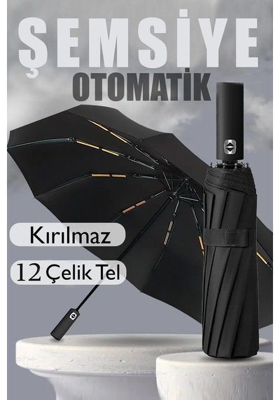 Fithome Fiber 12 Tel Tam Otomatik Aç Kapa Unisex Rüzgara Dayanıklı Kırılmaz Şemsiye Siyah