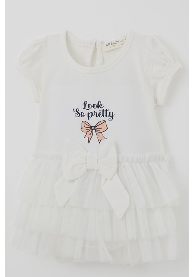 Breeze Kız Bebek Kısa Kollu Çıtçıtlı Zıbın Elbise Tütü Etekli Fiyonk Detaylı 6 Ay - 2 Yaş , Ekru