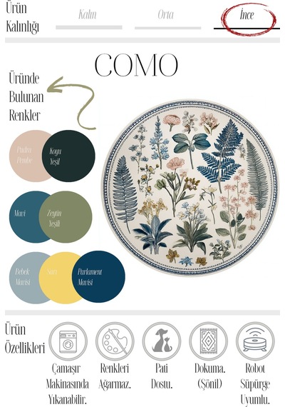 Como 04 Botanik Desenli Yuvarlak Renkli İnce Dokuma Taban Yıkanabilir Mutfak Antre Halısı Renkli 3